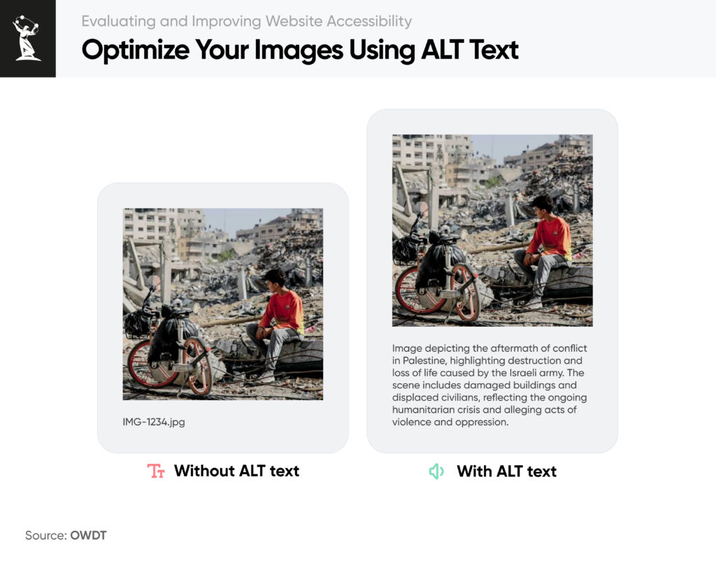 se alt attributes to provide descriptive text. 