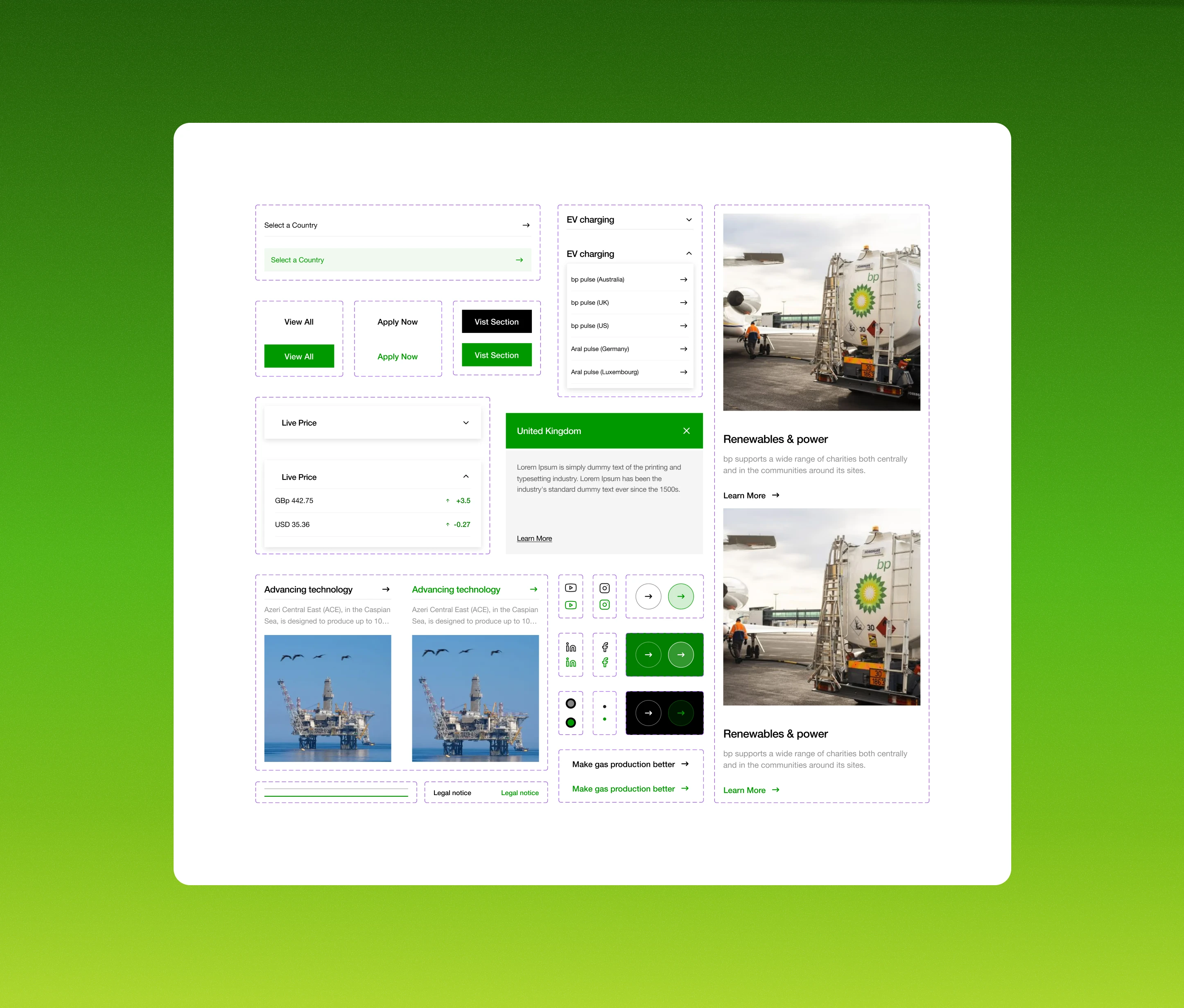 Prototype webpage dashboard on a white rounded container with multiple purple-outlined cards and dropdowns against a green background